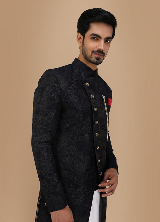 alt message - Manyavar Men Dark Blue Layered Angrakha Indo Western image number 0